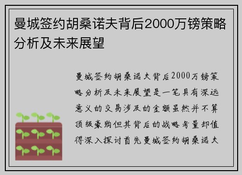 曼城签约胡桑诺夫背后2000万镑策略分析及未来展望