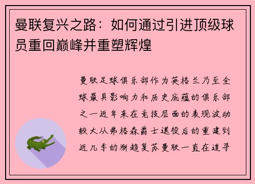 曼联复兴之路：如何通过引进顶级球员重回巅峰并重塑辉煌