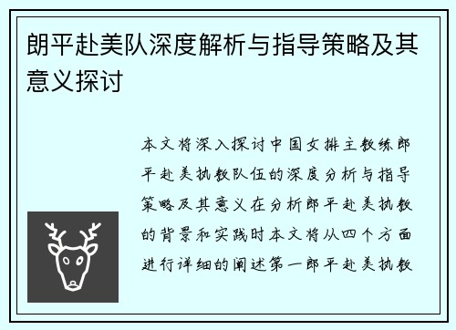 朗平赴美队深度解析与指导策略及其意义探讨