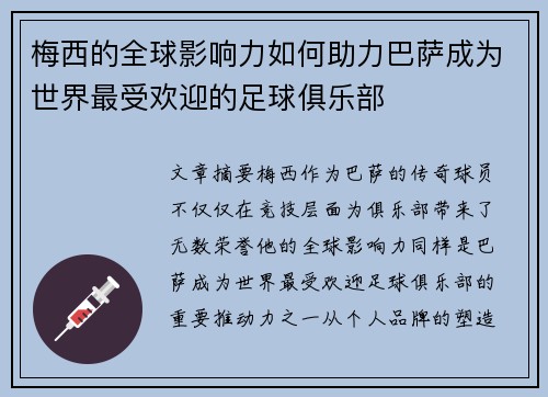 梅西的全球影响力如何助力巴萨成为世界最受欢迎的足球俱乐部 梅西的全球影响力如何助力巴萨成为世界最受欢迎的足球俱乐部