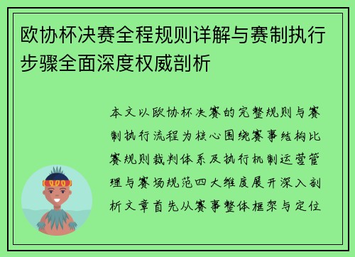 欧协杯决赛全程规则详解与赛制执行步骤全面深度权威剖析